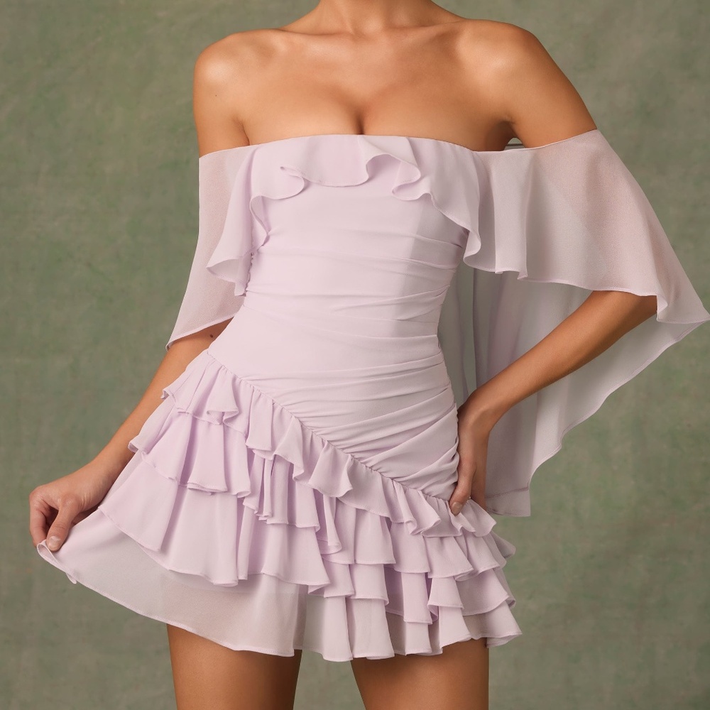Oh Polly Off-Shoulder Ruffled Mini Dress in Lilac 2